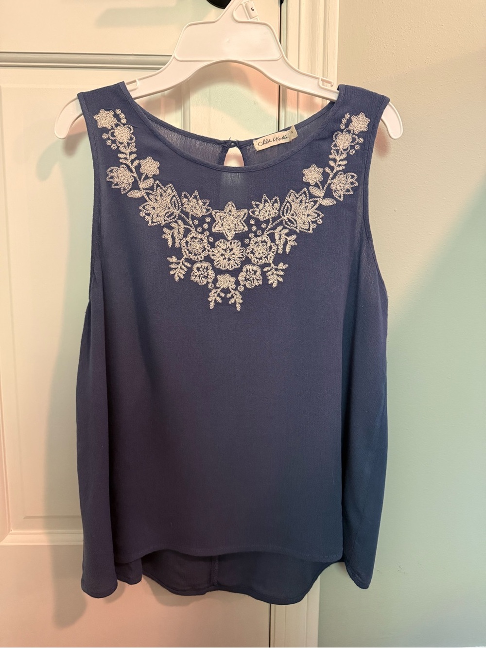 Chloe & Katie Blue Sleeveless Camisole with White Floral Embroidery